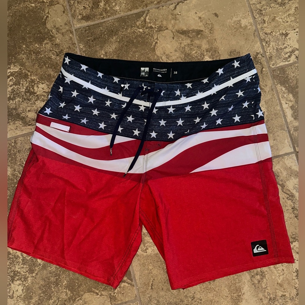 Quiksilver Red and Blue Board Shorts with Patriotic Design
